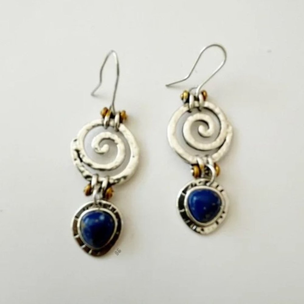 ⛔️SOLD⛔️ Natural Blue Lapis Lazuli Boho Handcrafted Silver Dangling Earrings NWT - Picture 11 of 12